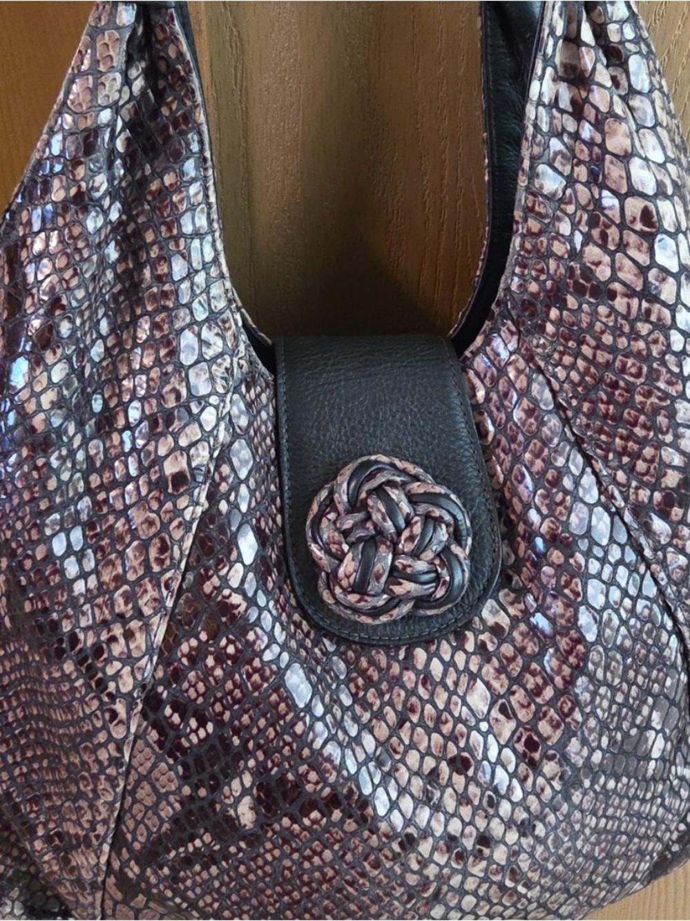 Brighton Brown and Black Snakeskin-Pattern Hobo Bag Vintage Rare